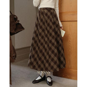 鹿向南「年轮心事」咖色复古格子半身裙女秋季新款巨好看高腰长裙