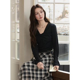 鹿向南「油墨诗章」黑色正肩长袖针织衫女早秋新款修身设计感上衣