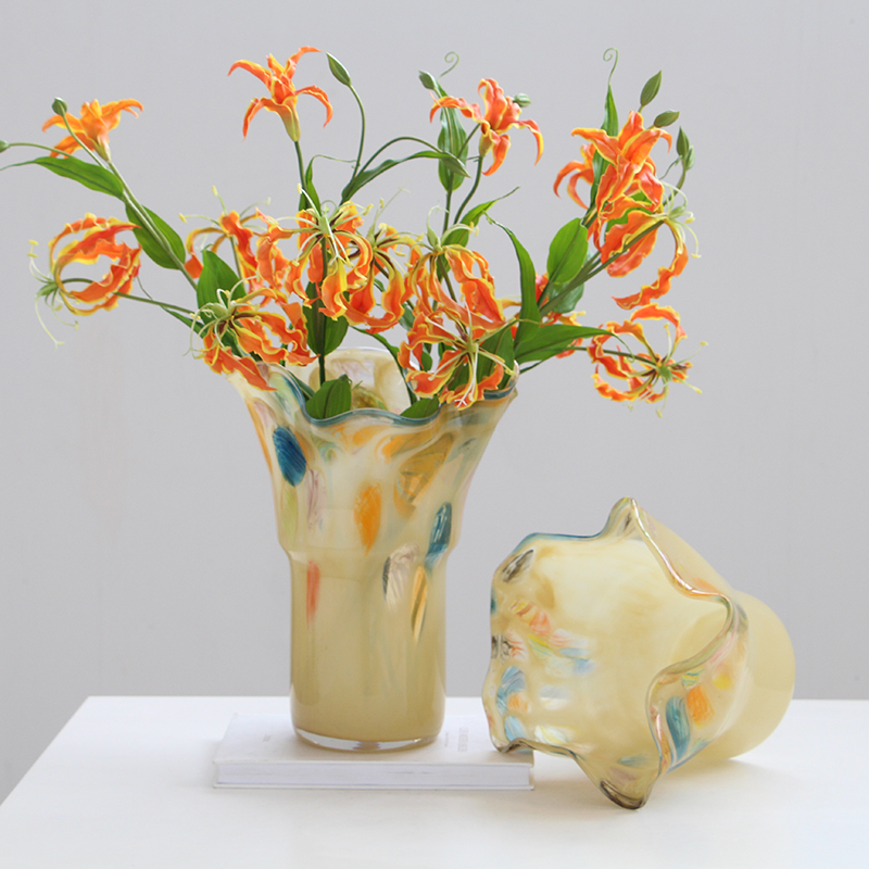 高级感水彩手工玻璃花瓶中古奶油色玄关琉璃法式插花器装饰品摆件