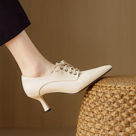 【预售5天】秋季新款真皮细跟尖头小皮鞋褶皱深口系带软皮高跟单鞋DB&M6561