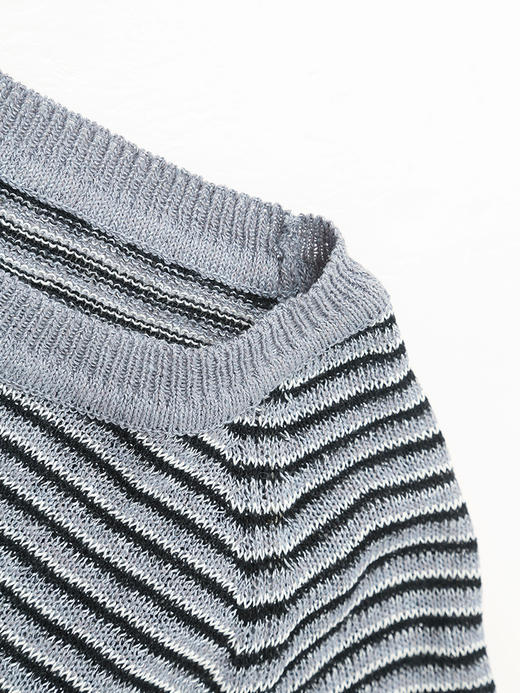 韩系简约风圆领条纹针织短袖女 宽松显瘦百搭上衣 商品图2