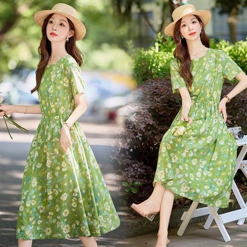 NYMYZ302时尚碎花棉麻短袖连衣裙女夏2025新款收腰显瘦度假风休闲气质裙子 商品图3