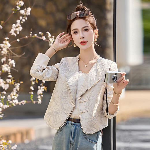 新中式国风竹叶提花，气质短外套轻奢撞色翻领西装上衣HR-LT8775 商品图0