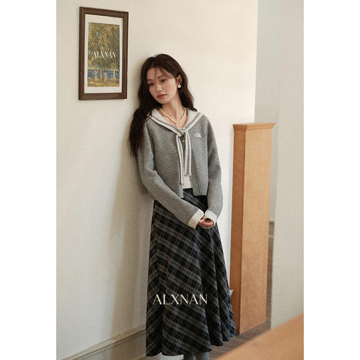 鹿向南「灰绮格语」黑灰色格纹高腰半身裙女初秋斜纹显瘦A字长裙 商品图2