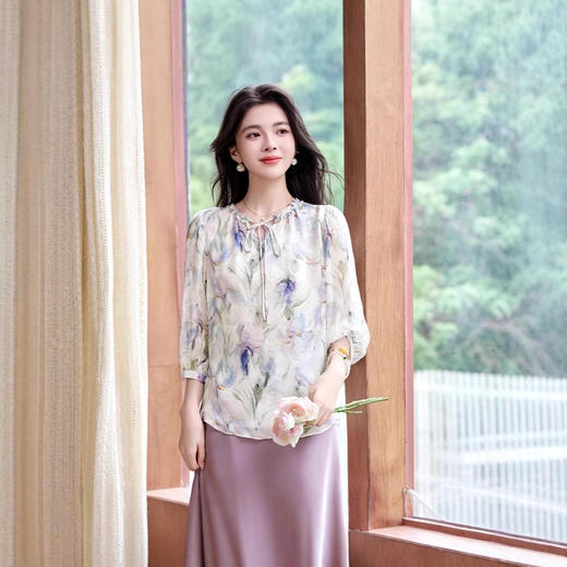 印花系带桑蚕丝短袖衬衫，简约大气时尚上衣套头小衫HR-ASEJP3667 商品图2