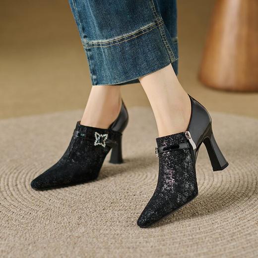 【预售5天】新款百搭秋季酒红色粗跟水钻高跟鞋女深口气质单鞋羊皮鞋QS&730 商品图1