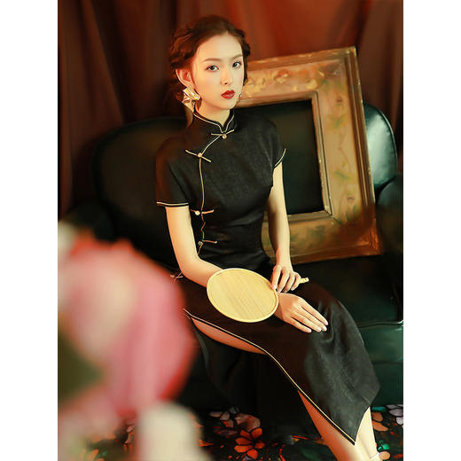 黑色旗袍改良少女复古老上海中国风修身日常连衣裙长款文艺复古 商品图0