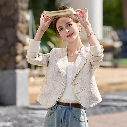 新中式国风竹叶提花，气质短外套轻奢撞色翻领西装上衣HR-LT8775 商品图1