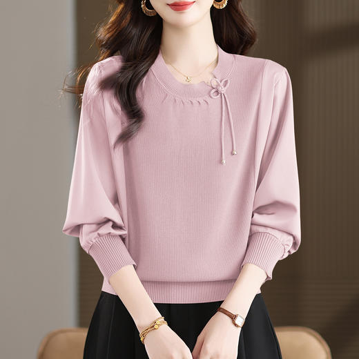 新中式国风针织衫上衣，薄款长袖拼接圆领毛衣CC-MH-25259 商品图1