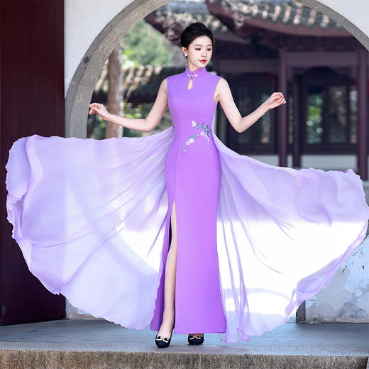 中国风高开叉燕尾纱修身改良走秀演出旗袍YD3/16-07 商品图0