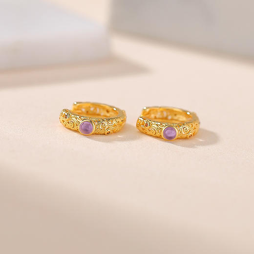 紫水晶S925纯银镀金唐草纹，圆珠镂空新中式耳环CW-EJ00734 商品图2