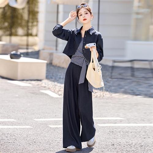 休闲时尚方格牛仔套装，高腰宽松显瘦阔腿裤三件套HR-YF2613 商品图1