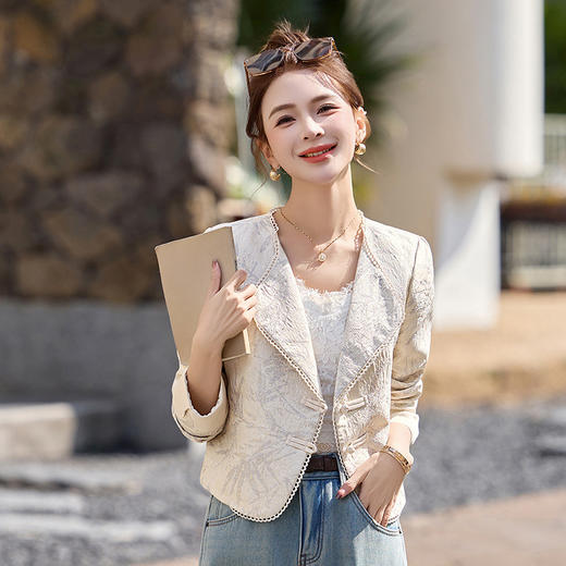 新中式国风竹叶提花，气质短外套轻奢撞色翻领西装上衣HR-LT8775 商品图2