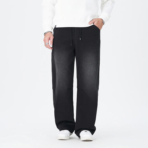 【100%棉】【DMH】大依优型大码男阔腿裤牛仔裤休闲下装美式高街牛仔裤潮流松紧腰纯棉复古拼接做旧加肥宽松阔腿裤子男300斤 商品图5