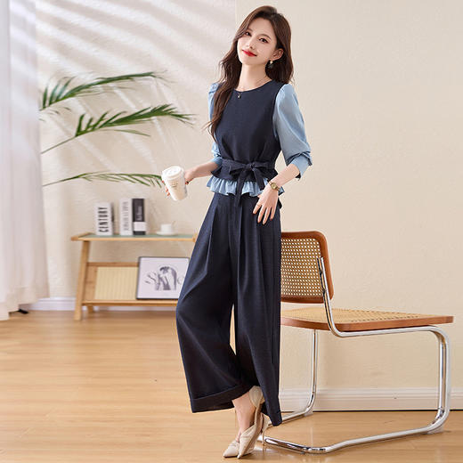 HR MEIQIN5556小香风轻熟御姐时尚套装裤气质穿搭阔腿裤两件套 商品图2