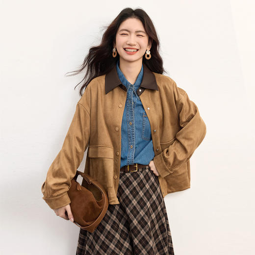 【年货节】熙世界巴恩风撞色翻领夹克外套女2025秋新复古仿生麂皮绒短款上衣 商品图4