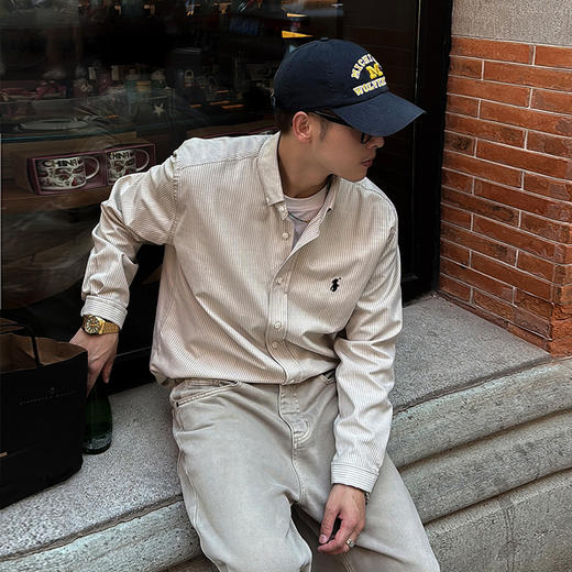 徐太浪【简约刺绣 竖条纹】150g透气长袖衬衫男春秋休闲通勤衬衣 商品图0