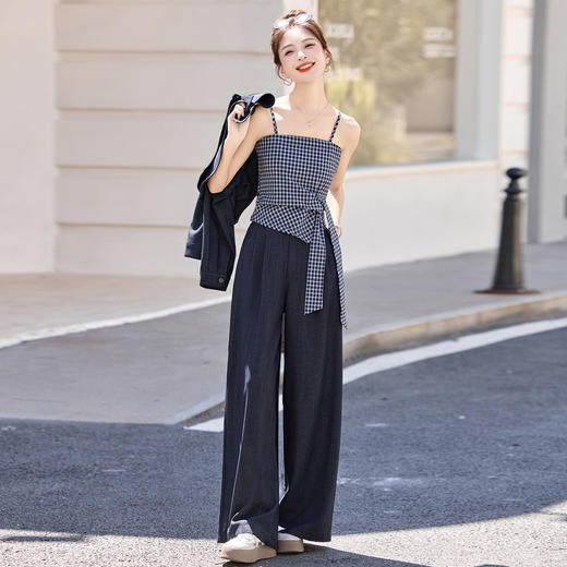 HR  YF2613港风复古叠穿牛仔套装休闲衬衣格子吊带阔腿裤三件套 商品图3