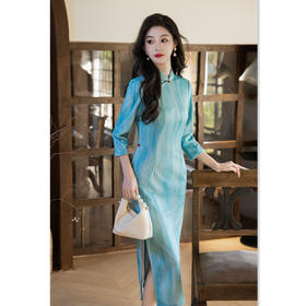 SKY 396114复古国风新中式长款七分袖针织单层日常旗袍