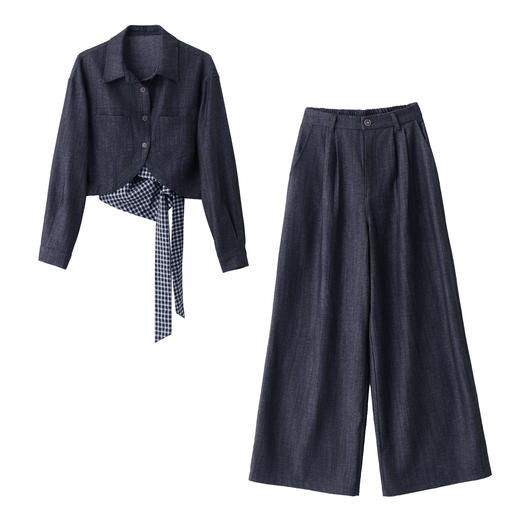 HR  YF2613港风复古叠穿牛仔套装休闲衬衣格子吊带阔腿裤三件套 商品图4