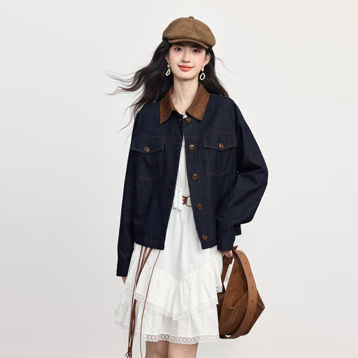 【09/03新品】熙世界巴恩风撞色翻领牛仔外套女2025秋新款复古宽松时尚夹克上衣 商品图4