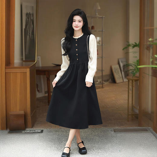 西遇法式黑色长袖连衣裙女秋季新款小香风a字收腰中长裙SS051433 商品图1