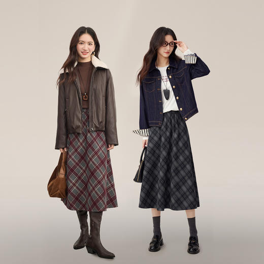 【09/03新品5.8折】熙世界英伦学院风格纹毛呢半身裙女2025秋冬款中长款复古A字伞裙 商品图3