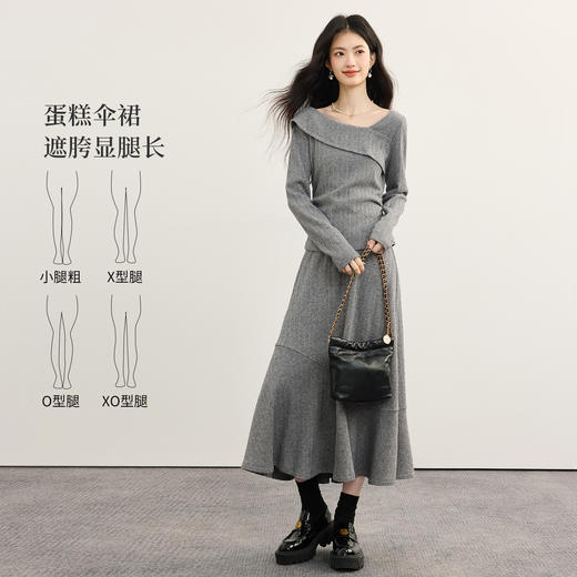 【09/03新品】熙世界格雷系灰色针织套装裙两件套女秋新款斜肩领上衣半身裙套装 商品图2