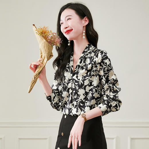 丁摩 春秋季套头V领显瘦优雅印花气质知性桑蚕丝长袖衬衫5ZF-3623 商品图1