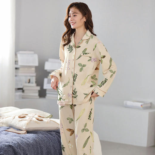 秋季纯棉睡衣女士长袖长裤家居服薄款开衫休闲女款可外穿套装   JL-LG1102 商品图3