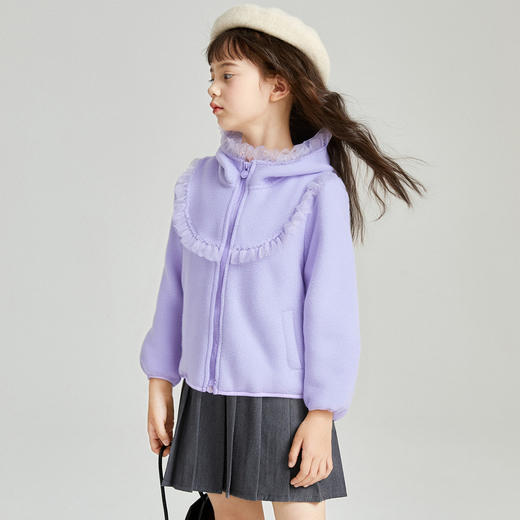 笛莎Deesha 2025冬季新款女童甜美网纱木耳边连帽摇粒绒外套 商品图1