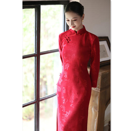 SKY 23020旗袍中式针织提花日常九分袖旗袍裙 商品图0