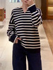 半精纺棉羊绒针织衫 条纹设计明快有活力 落肩直身廓形 自在舒适 领型独特 版型显瘦有空间感 藏青色+白色配色经典 商品缩略图8