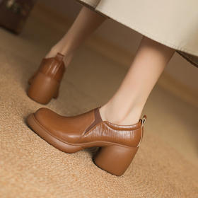 【预售5天】真皮厚底粗跟深口单鞋英伦风简约圆头高跟鞋女小皮鞋TYMXY&A1908