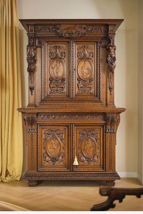 独角鹿西洋古董1880年代法国出品新文艺复兴风格古典女神主题胡桃木精雕大型边柜