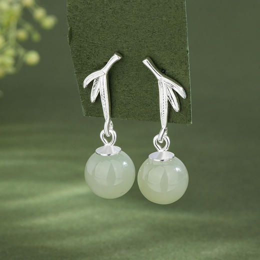 丁摩 s925纯银竹叶和田玉耳坠女古风长款竹子复古宫廷耳饰轻奢5ZF-913 商品图3