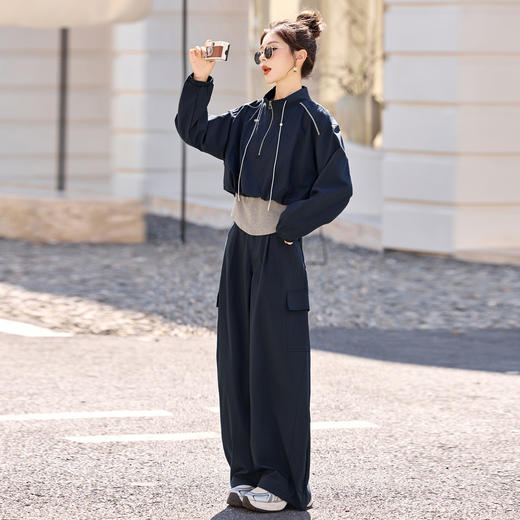 HR YF2615慵懒风休闲运动工装套装假两件拼接上衣阔腿裤二件套 商品图3