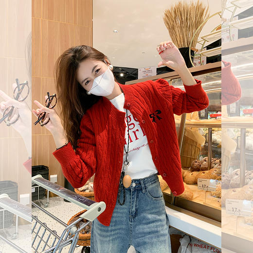 <曾小咸推荐>红色软糯百搭长袖圆领针织开衫 商品图1
