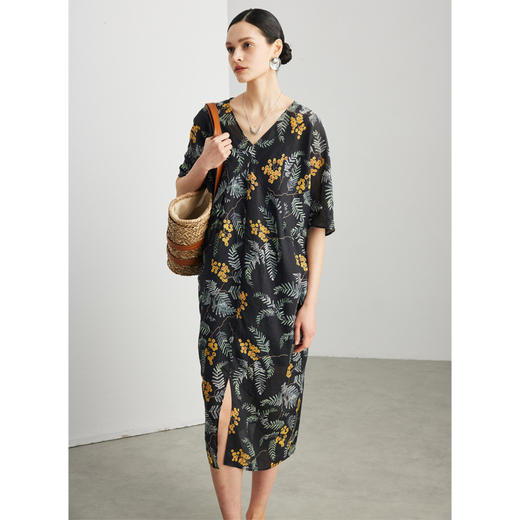 丁摩 100%苎麻连衣裙女春夏新款短袖宽松V领直筒过膝长款麻料裙子5ZF-916 商品图0