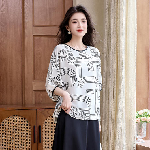 丁摩 轻奢大牌真丝上衣女春夏季圆领设计感气质减龄衬5ZF-3666 商品图0