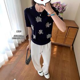 亮片针织衫！25年早秋新款女重工钉珠上衣刺绣休闲花卉T恤短袖！