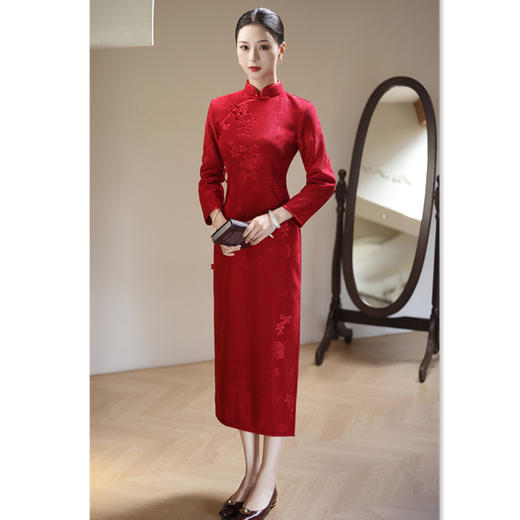 SKY 23020旗袍中式针织提花日常九分袖旗袍裙 商品图2