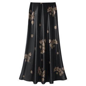 丁摩 黑金色高腰气质半身裙女夏季缎面印花a字裙显瘦时尚5ZF-45009