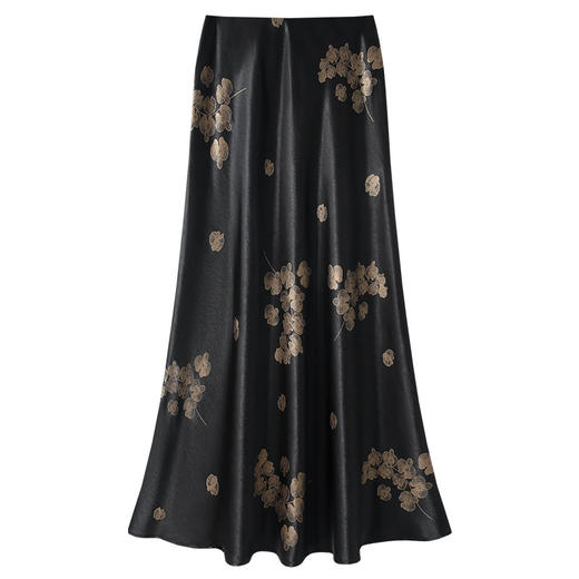 丁摩 黑金色高腰气质半身裙女夏季缎面印花a字裙显瘦时尚5ZF-45009 商品图0