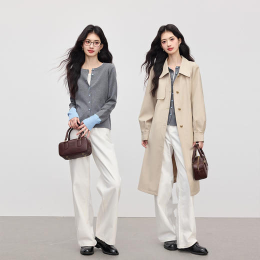 【09/03新品】熙世界2025女秋季新款拼色长袖羊毛针织衫女休闲修身圆领毛衣开衫 商品图3