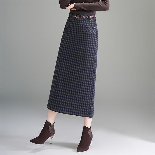 QYM 6325 -Y后开衩包臀裙半身裙气质毛呢格纹一步裙 商品图2