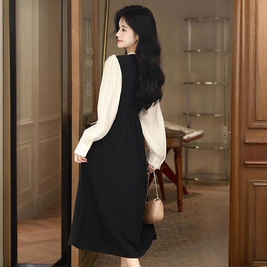 西遇法式黑色长袖连衣裙女秋季新款小香风a字收腰中长裙SS051433 商品图4