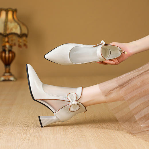 【预售5天】真皮网纱靴女新款时尚尖头粗跟性感镂空靴显瘦蝴蝶结高跟凉靴JLD&2590 商品图2