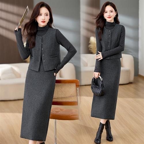 HR MEIQIN1833知性风时尚三件套裙洋气百搭马甲t恤半身裙套装 商品图1