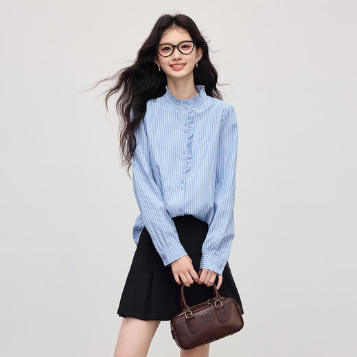 【09/03新品】熙世界宫廷风木耳边立领条纹衬衫女2025新款秋季宽松长袖叠穿衬衣 商品图4